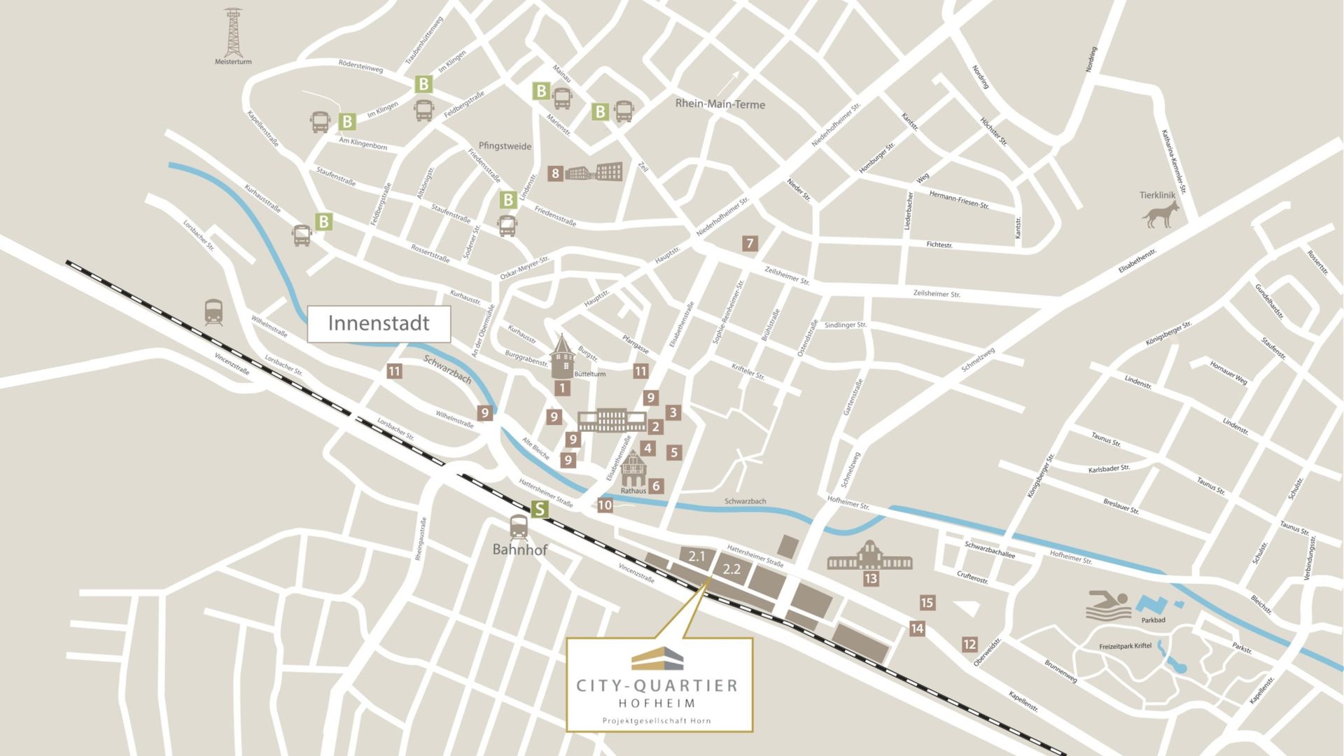Stadtkarte Hofheim mit dem City Quartier und allen wichtigen Anker-Punkten